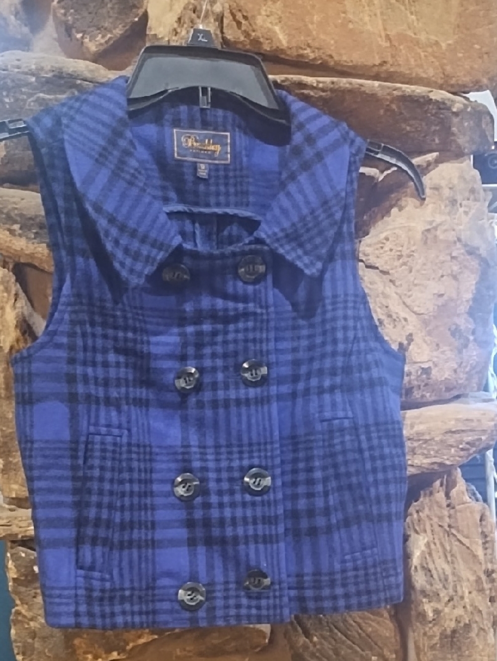 Blue Plaid Double-Breasted Wool Sleeveless Vest